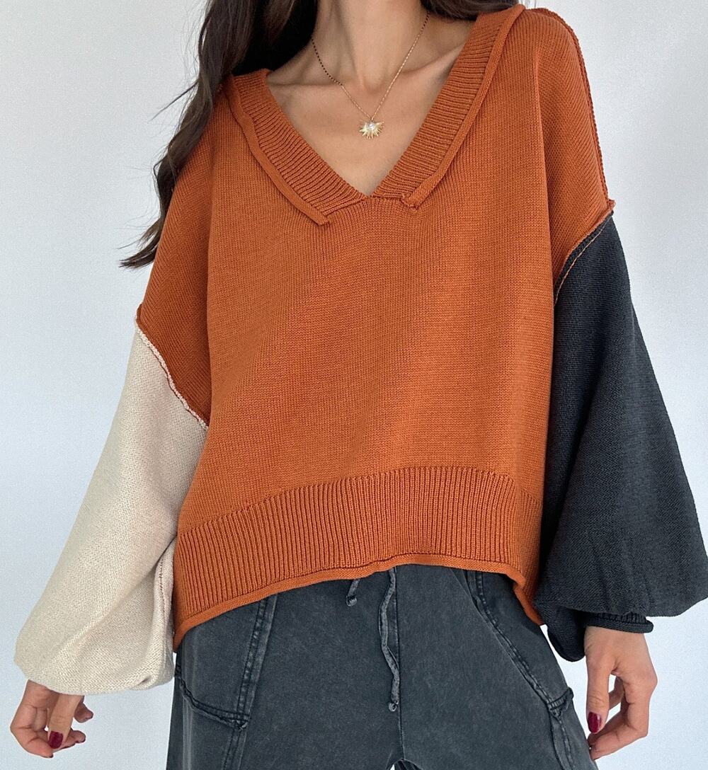 Pol Colorblock Boho V-Neck Knit Sweater Slouchy Pullover Rust Orange Size Small